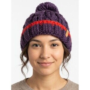 Chunky Knit Pom Beanie in Purple with Red Stripe Merrell